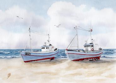 Poster DIN-A4 Zwei Fischerboote an Land Aquarell Maritim Kunst Druck Kunstdruck Dänemark Nordsee  Düne Meer Möwe Strand